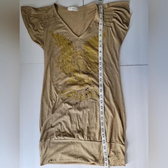 Yuka Tan And Gold Y2K Cybersigilism Avant Garde Short Sleeve Tunic Shirt - Picture 3 of 10